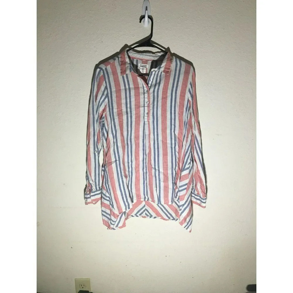Womens Artisan NY 100% Linen Button Up Shirt Striped Blue Red White Size Medium